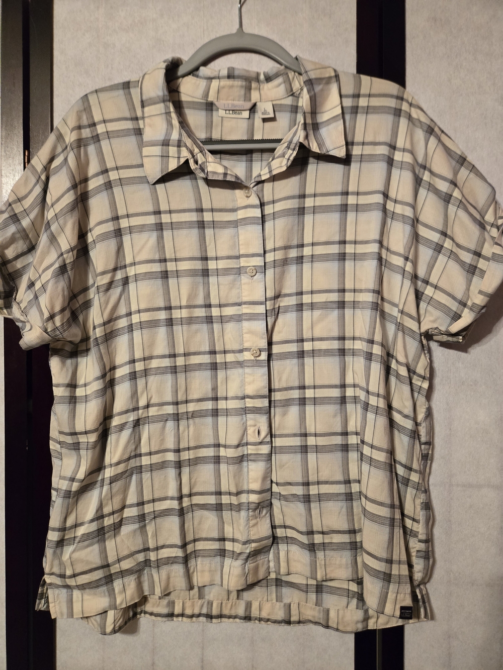 L.L. Bean Cream and Blue Plaid Short-Sleeve Shirt
